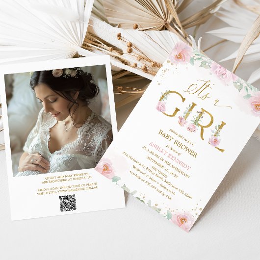 Foto Roze pioenrozen Het is een meisje Baby shower Kaart