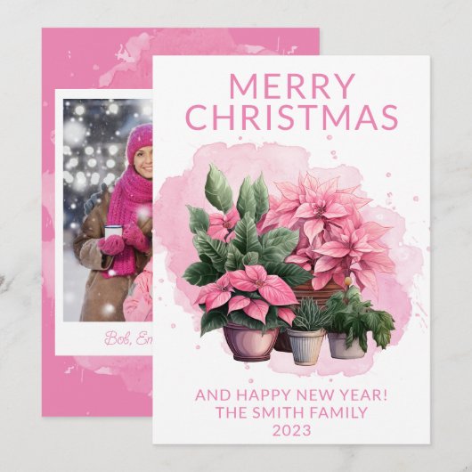 Foto Roze Poinsettia Kerst Vakantiekaart Kaart (Voorkant / Achterkant)