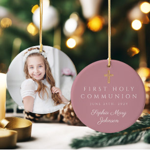 Foto: Roze Religieuze Kruismeisje Eerste Communie Keramisch Ornament