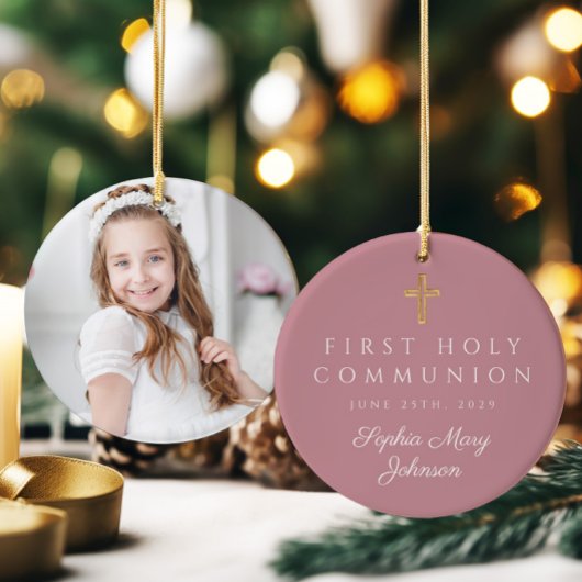 Foto: Roze Religieuze Kruismeisje Eerste Communie Keramisch Ornament