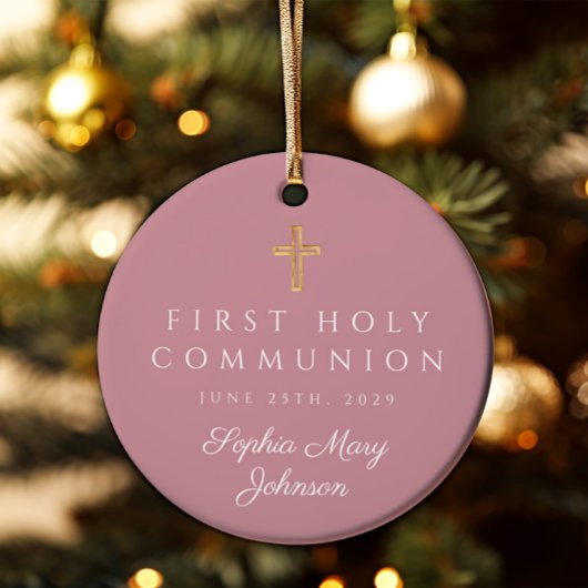 Foto: Roze Religieuze Kruismeisje Eerste Communie Keramisch Ornament