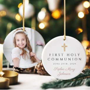 Foto: Roze Religieuze Kruismeisje Eerste Communie Keramisch Ornament
