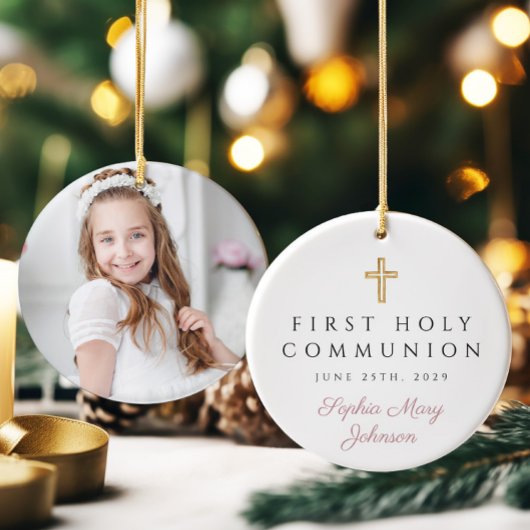 Foto: Roze Religieuze Kruismeisje Eerste Communie Keramisch Ornament