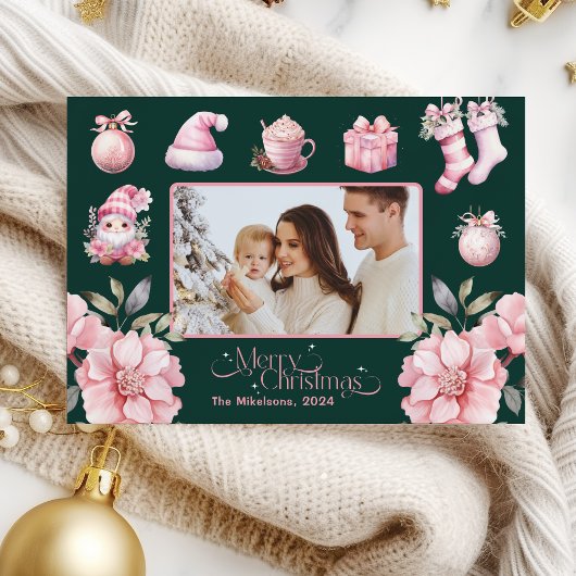 Foto Roze Retro Vintage Kerstmis Feestdagenkaart