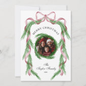  Foto Roze Ribbon Krans Vrolijk Kerstfeest Kaart (Voorkant)