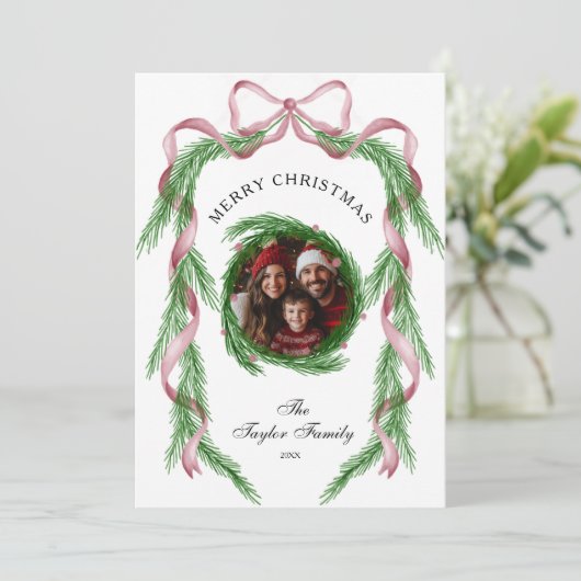  Foto Roze Ribbon Krans Vrolijk Kerstfeest Kaart (Staand voorkant)