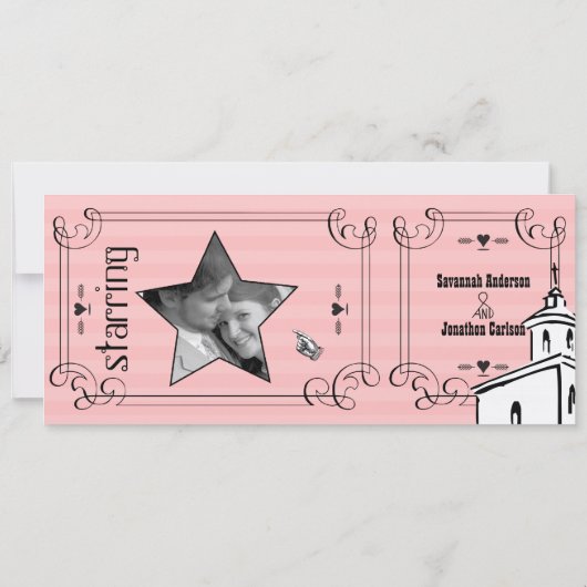 Foto roze Romantic Chapel Ticket Weddenschap Kaart (Achterkant)