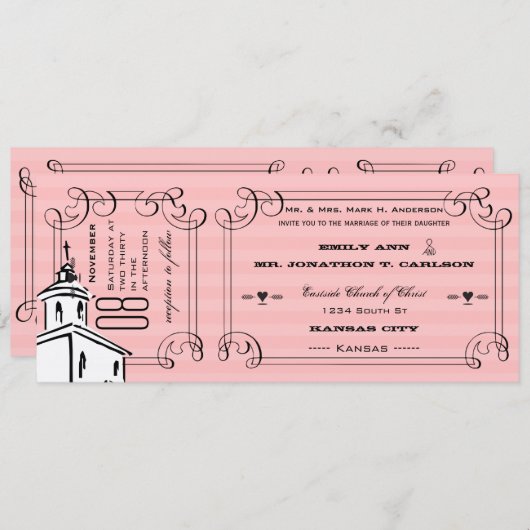 Foto roze Romantic Chapel Ticket Weddenschap Kaart (Voorkant / Achterkant)