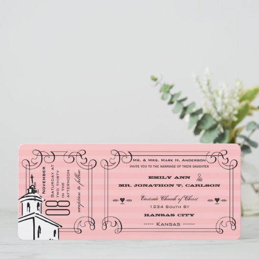 Foto roze Romantic Chapel Ticket Weddenschap Kaart (Staand voorkant)