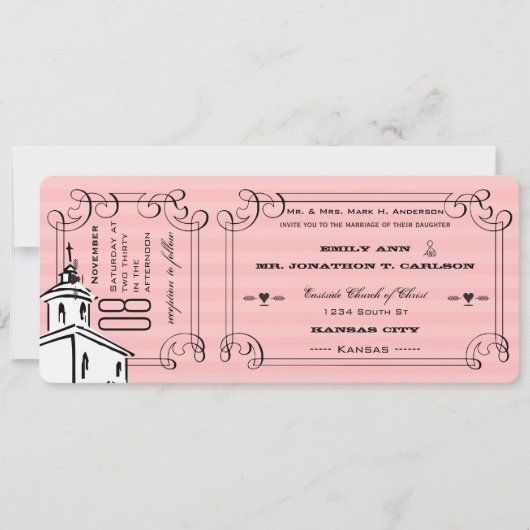 Foto roze Romantic Chapel Ticket Weddenschap Kaart (Voorkant)