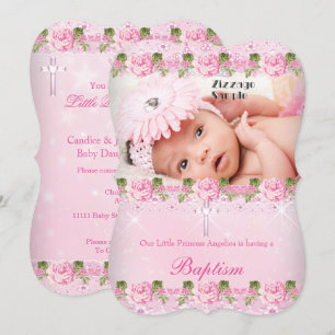 Foto Roze Roos Bloem Doop Baby Meisje Kaart