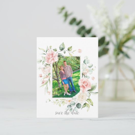 Foto Roze Rozen Eucalyptus groen Bewaar de datum Briefkaart (Staand voorkant)