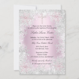 Foto roze Silver Snowflakes Girl Baptisme Cross Kaart