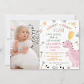 Foto Roze Stomp Chomp Roar Dinosaurus 1e verjaarda Kaart (Voorkant)