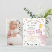 Foto Roze Stomp Chomp Roar Dinosaurus 1e verjaarda Kaart (Staand voorkant)