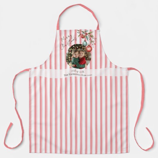 Foto Roze Streep Familienaam Kinder Vrolijk Kerstf Schort (Voorkant)