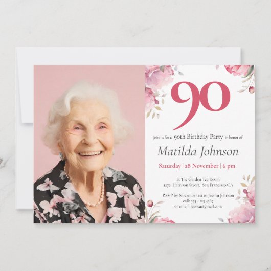 Foto Roze Waterverf Floral 90th Verjaardag Kaart (Voorkant)