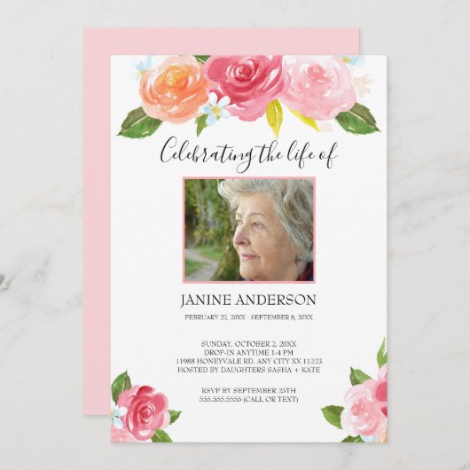 Foto roze waterverf floral Life Kaart (Voorkant / Achterkant)