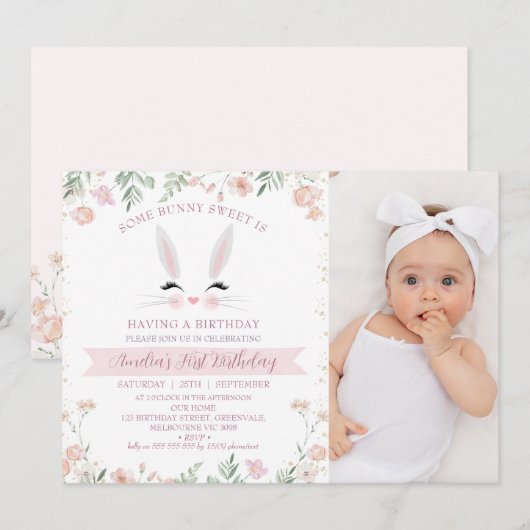 Foto Roze Wildflowers Some Bunny 1st Birthday Kaart (Voorkant / Achterkant)