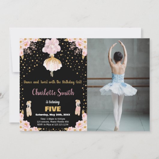 Foto Roze Zwart Ballerina Verjaardag Uitnodigingen (Voorkant)