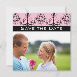 Foto Roze Zwart Damast Kroonluchter Save the Date Kaart