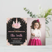 Foto Roze Zwart Eenhoorn Verjaardag Uitnodigingen (Staand voorkant)