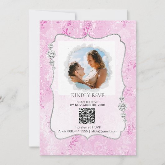 *~* Foto - RSVP - QR Diamond Damask Wedding Kaart (Achterkant)