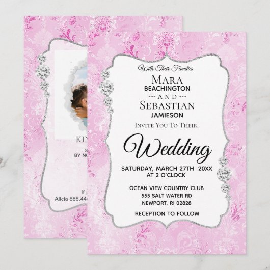 *~* Foto - RSVP - QR Diamond Damask Wedding Kaart (Voorkant / Achterkant)