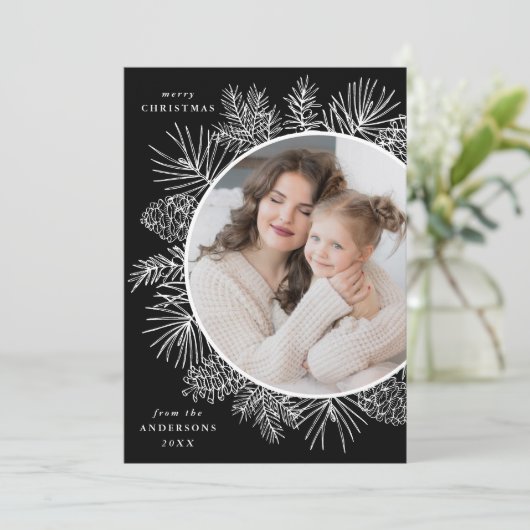 Foto Rustic Black and White Pinecones Feestdagenkaart (Staand voorkant)