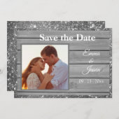 Foto Rustic Gray Glitter Wood Grain Typografie Save The Date (Voorkant / Achterkant)