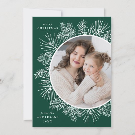 Foto Rustic Green and White Pinecones Feestdagenkaart (Voorkant)