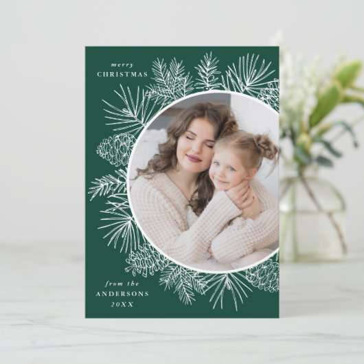 Foto Rustic Green and White Pinecones Feestdagenkaart (Staand voorkant)