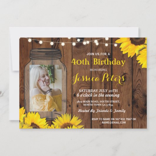 Foto Rustic Jar Birthday Party Wood Sunflower Kaart (Voorkant)