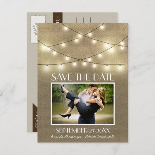 Foto Rustic Lights Burlap Save the Date Briefkaart (Voorkant / Achterkant)