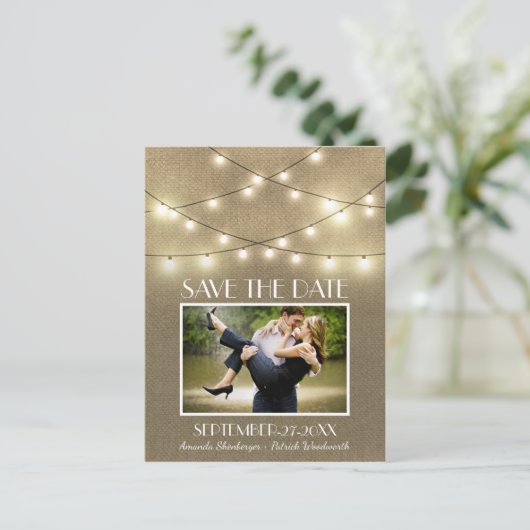 Foto Rustic Lights Burlap Save the Date Briefkaart (Staand voorkant)
