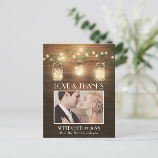 Foto Rustic Mason Jar Dank u kaarten Briefkaarten (Staand voorkant)