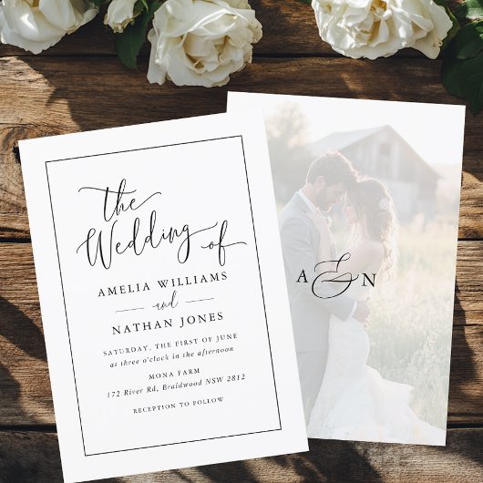 Foto Rustic Script Zwart Wit Huwelijk Kaart