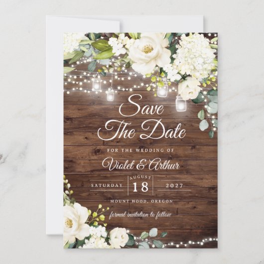 Foto Rustic String Lights Wedding Save The Date Kaart (Voorkant)
