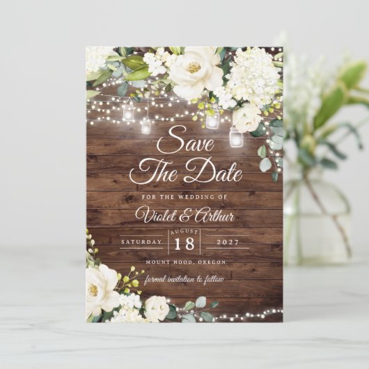 Foto Rustic String Lights Wedding Save The Date Kaart (Staand voorkant)