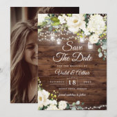 Foto Rustic String Lights Wedding Save The Date Kaart (Voorkant / Achterkant)