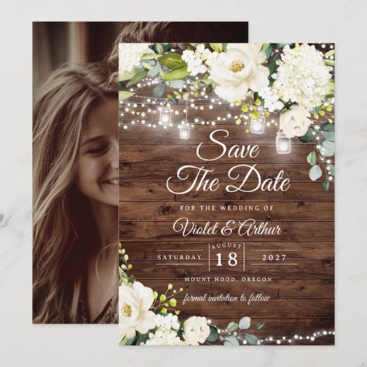 Foto Rustic String Lights Wedding Save The Date Kaart (Voorkant / Achterkant)