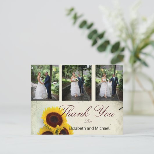 Foto Rustic Sunflower Elegant Wedding Dank je Briefkaart (Staand voorkant)