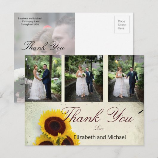 Foto Rustic Sunflower Elegant Wedding Dank je Briefkaart (Voorkant / Achterkant)