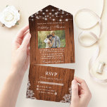 Foto Rustic Wedding Wood String Lights All In One Uitnodiging<br><div class="desc">Rustic Wedding Wood String Lights en Lace Photo All-in-One Weduwuitnodiging met RSVP-kaart</div>