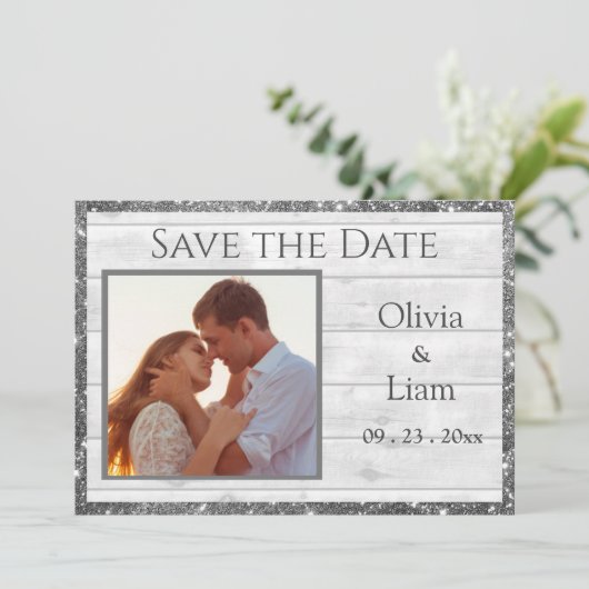 Foto: Rustic White Wood Grain Glitter Typografie Save The Date (Staand voorkant)