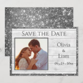 Foto: Rustic White Wood Grain Glitter Typografie Save The Date (Voorkant / Achterkant)