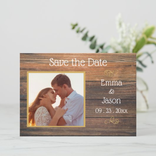 Foto Rustic Wood Grain Typografie Save The Date (Staand voorkant)