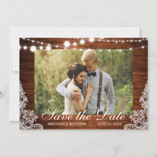 Foto Rustic Wood String Lights Save The Date (Voorkant)