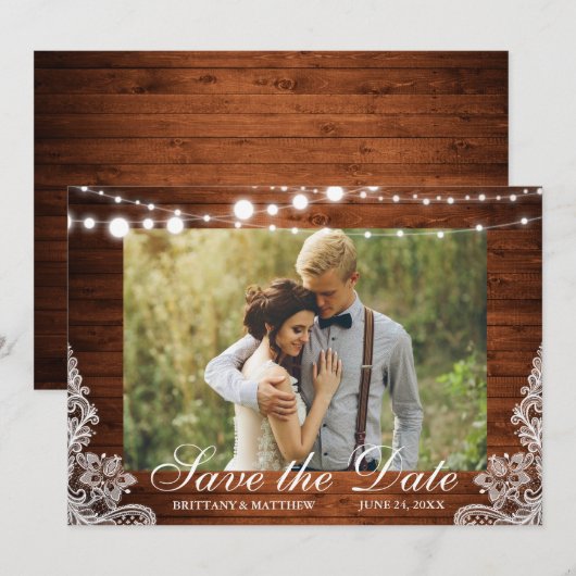 Foto Rustic Wood String Lights Save The Date (Voorkant / Achterkant)