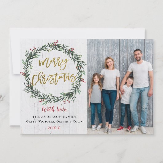 Foto Rustic Wreath Gold Merry 2 Feestdagenkaart (Voorkant)